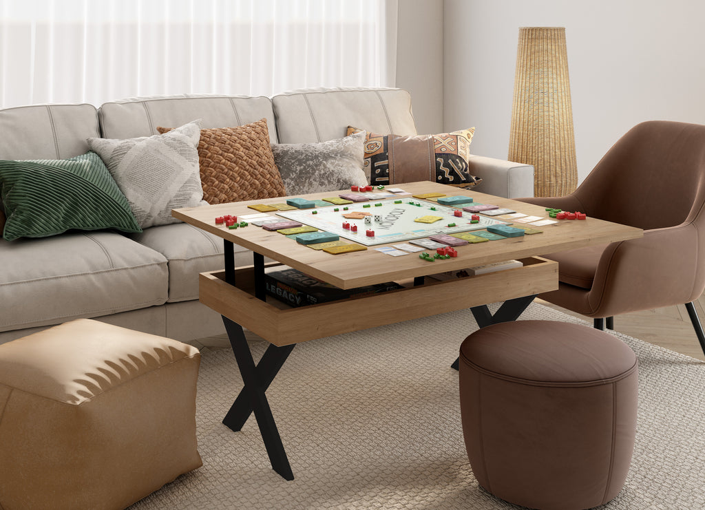 Extendable square coffee table with X-shaped metal legs